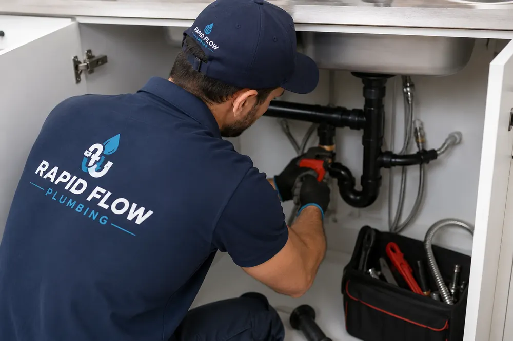 Rapid Flow Plumbing technician repairing pipes under a kitchen sink in Dubai