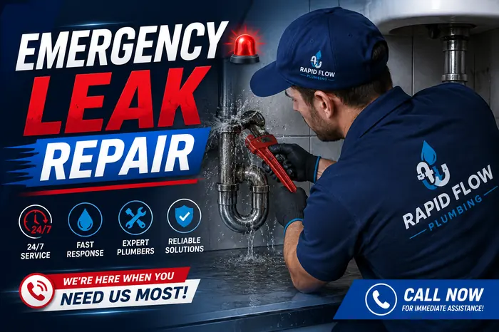 Rapid Flow Plumbing emergency leak repair technician fixing a burst pipe in Dubai