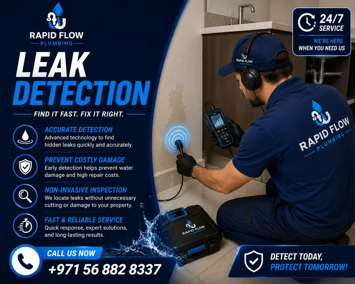 Rapid Flow Plumbing technician using electronic leak detection equipment in Dubai