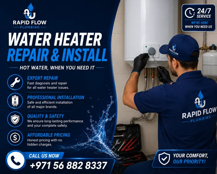 Rapid Flow Plumbing technician repairing a water heater in Dubai