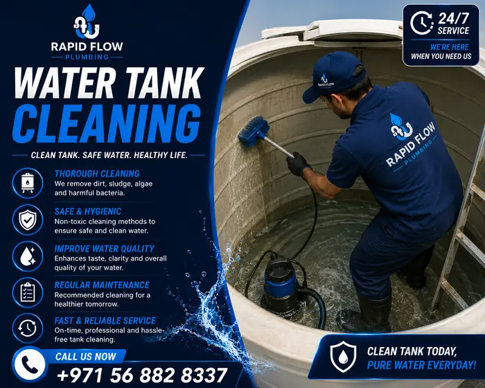 Rapid Flow Plumbing technician cleaning a water tank in Dubai